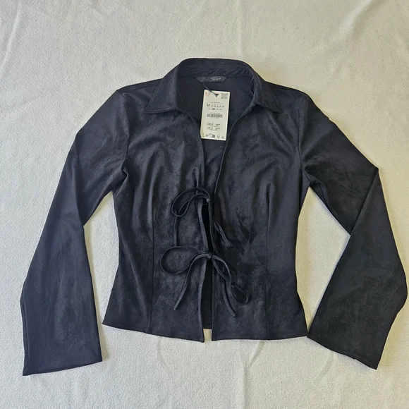 Zara Women Black Collared Long Sleeve Viscose Blazer Drawstring 90s Size M - Picture 1 of 10